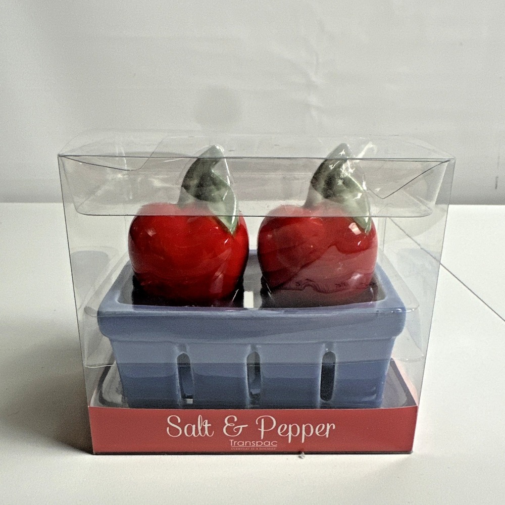 Apple Salt Pepper Shakers Ceramic Farmhouse Kitchen Decor Transpac Basket NIB